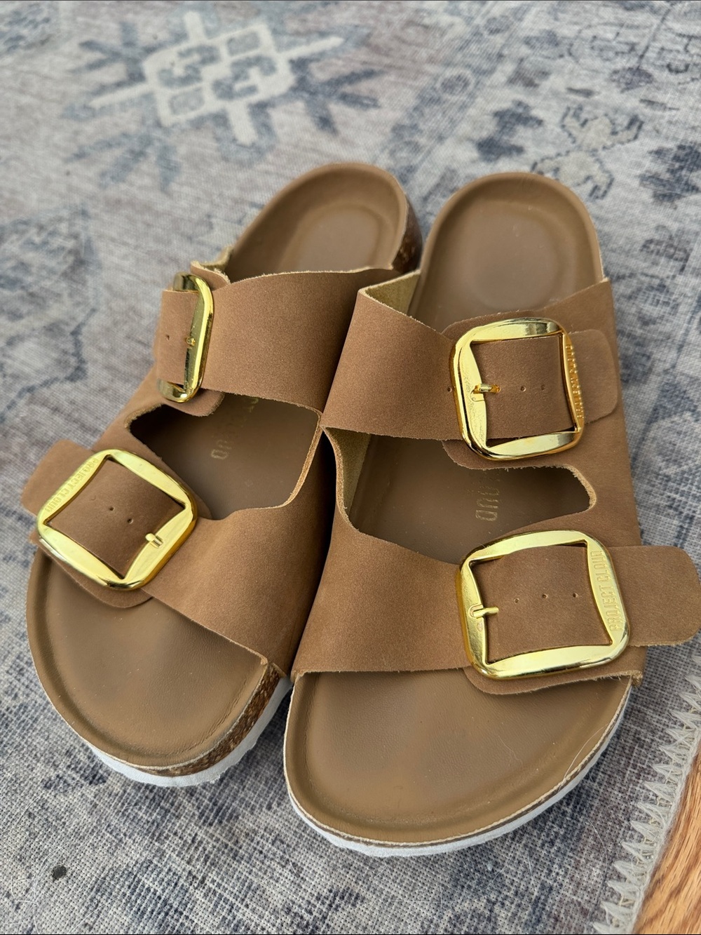 Women’s Tan Double-Buckle Slide Sandals with Gold Buckles